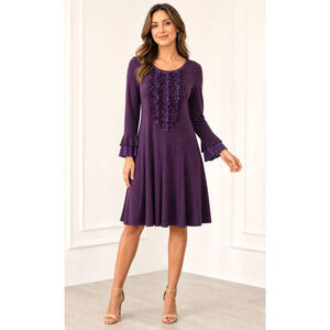 Chris McLaughlin Purple Dress sz 18‎ Stretchy knit knee length ruffle front